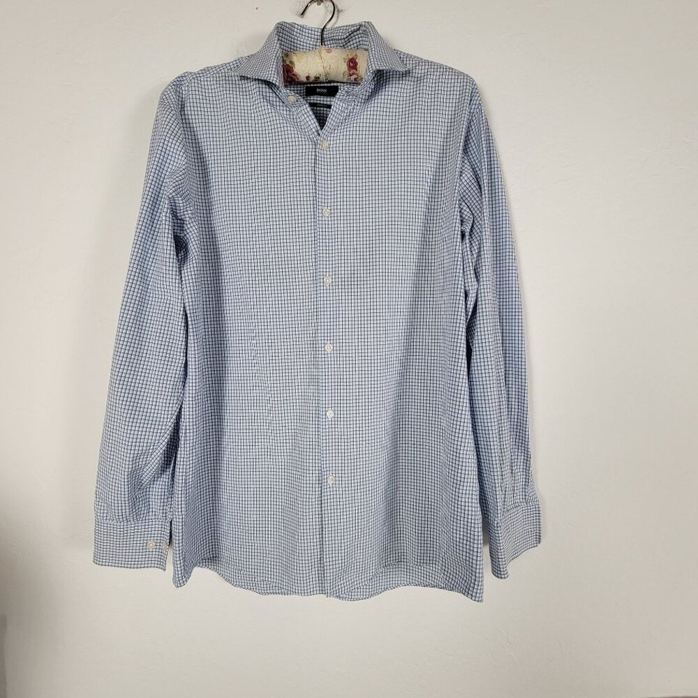 Boss Hugo Boss Mens Sharp Fit Checkered Long Sleeve Button-Up Dress Shirt 16.5